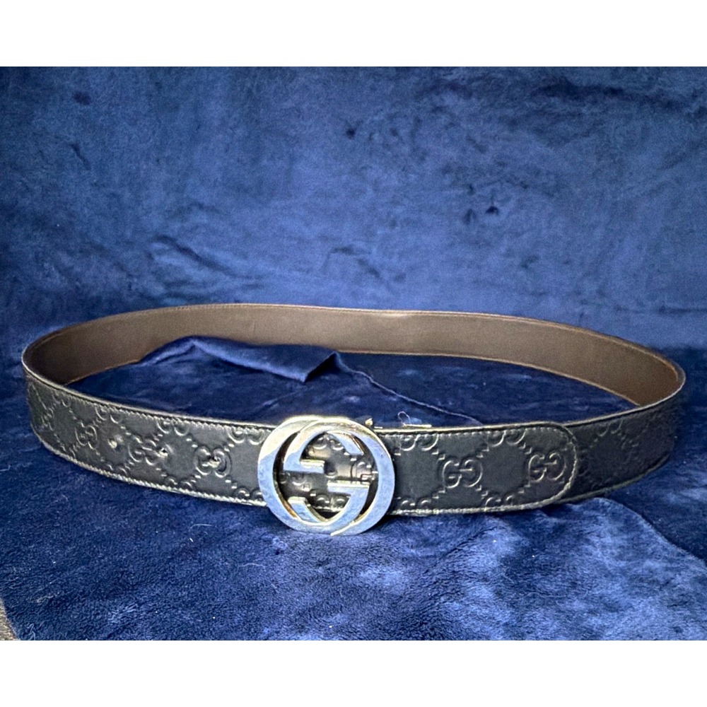 Authentic Gucci Reversible Belt Black Leather Interlocking G Buckle 473030 Sz 95